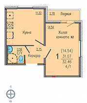 1-комнатная квартира 32,5 м2 ЖК «Хрустальные ключи»