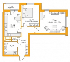 2-комнатная квартира 69,74 м2 ЖК «Луч»